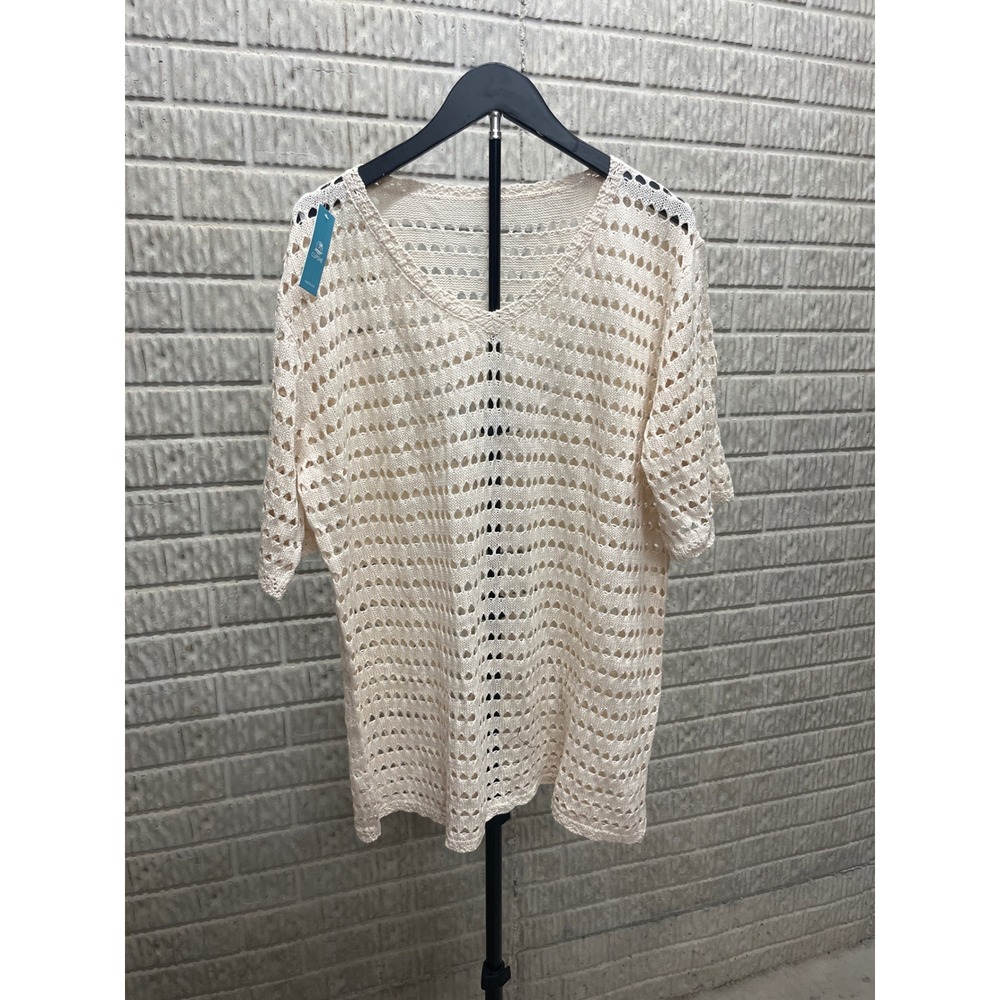 Cupshe Womens Cream Open Knit Crochet V-Neck Beach Cover Up Top Large CAA07B4M02